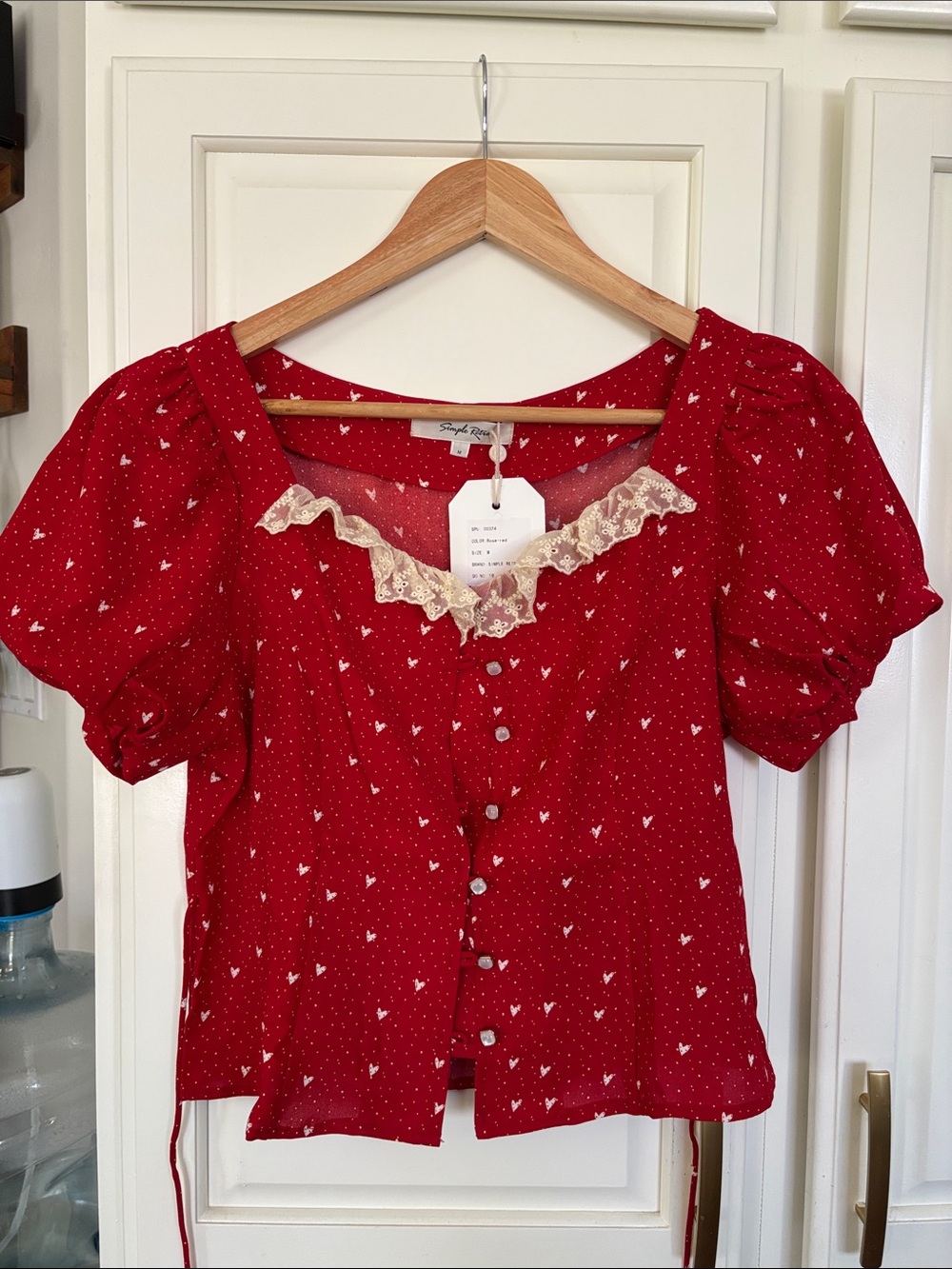 Vintage-Inspired Red Lace-Trim Button-Down Top